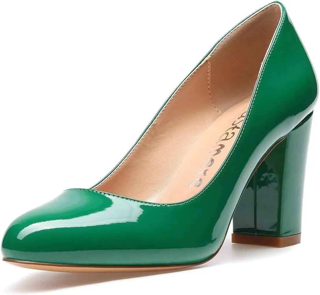 Castamere Women's High Heels Round Toe Slip-On Pumps Block Heel 8CM