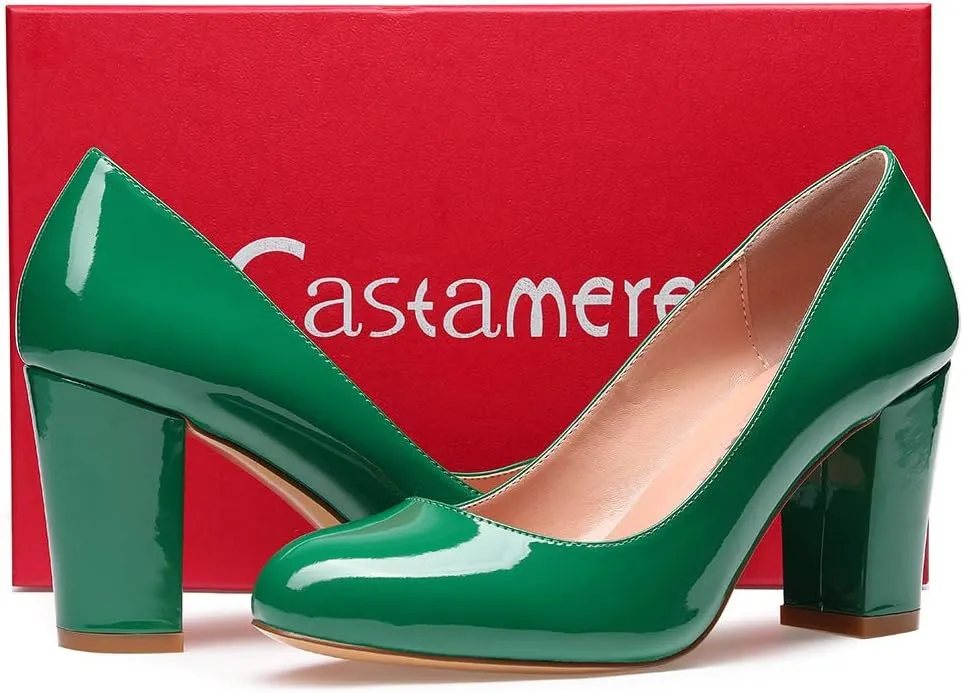 Castamere Women's High Heels Round Toe Slip-On Pumps Block Heel 8CM