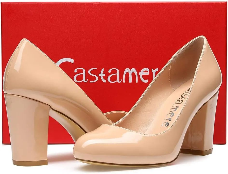 Castamere Women's High Heels Round Toe Slip-On Pumps Block Heel 8CM