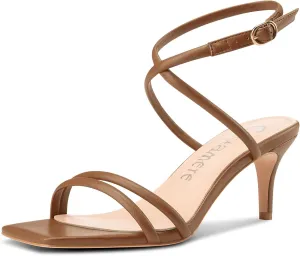 Castamere Womens Mid Kitten Heel Open Square Toe Sandals Ankle Strap Cross-Strap Prom Dress Cute Summer 2.6 Inches Heels
