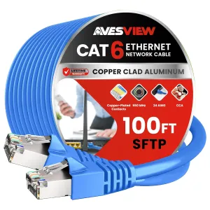 CAT 6 Shielded Ethernet Cable 100 FT, Indoor High-Speed (SFTP) 10Gbps Snagless Shielded 100FT Ethernet Cable for Internet, Router, Computer, PlayStation, Xbox, POE Camera, Printer - Blue