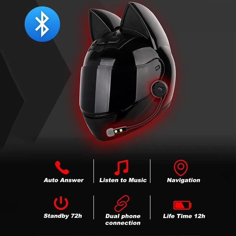 Cat Ears Motorcycle Bluetooth Helmet,Adult Motorbike Electric Pilot Crash Helmets,Integrated Flip Up Full Face Street Vespa Helmet for Cruiser Scooter Chopper ATV Moped DOT Approved