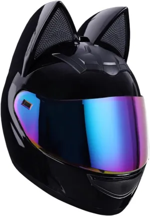 Cat Ears Motorcycle Bluetooth Helmet,Adult Motorbike Electric Pilot Crash Helmets,Integrated Flip Up Full Face Street Vespa Helmet for Cruiser Scooter Chopper ATV Moped DOT Approved