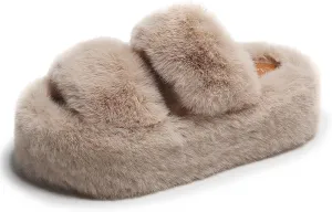 ChayChax Women Fluffy Platform Slippers Double Strap Memory Foam House Shoes Open Toe Soft Fuzzy Indoor Outdoor Slides with Non Slip Rubber Sole