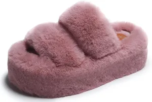 ChayChax Women Fluffy Platform Slippers Double Strap Memory Foam House Shoes Open Toe Soft Fuzzy Indoor Outdoor Slides with Non Slip Rubber Sole