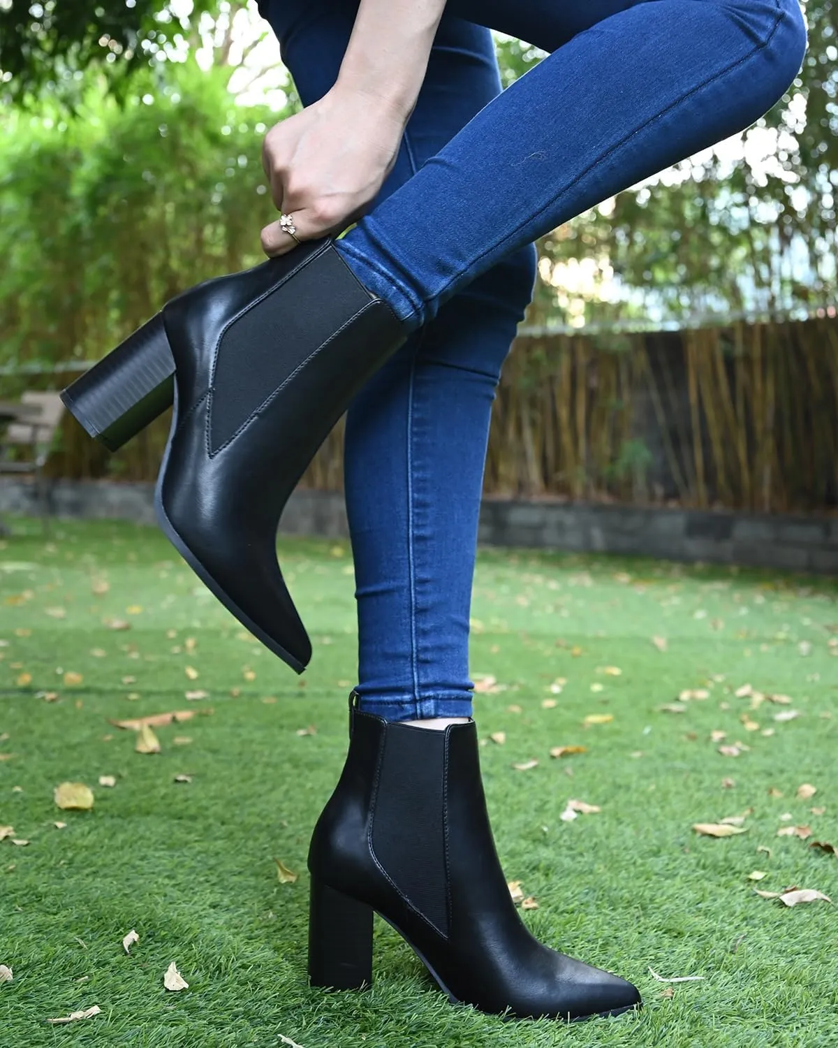 Chelsea Ankle Boots for Women Chunky Block Heel Booties Pointed Toe Stack Heel Brown Black Boots Dress Shoes Elastic Gore Slip On Comfortable Chelsea Boots
