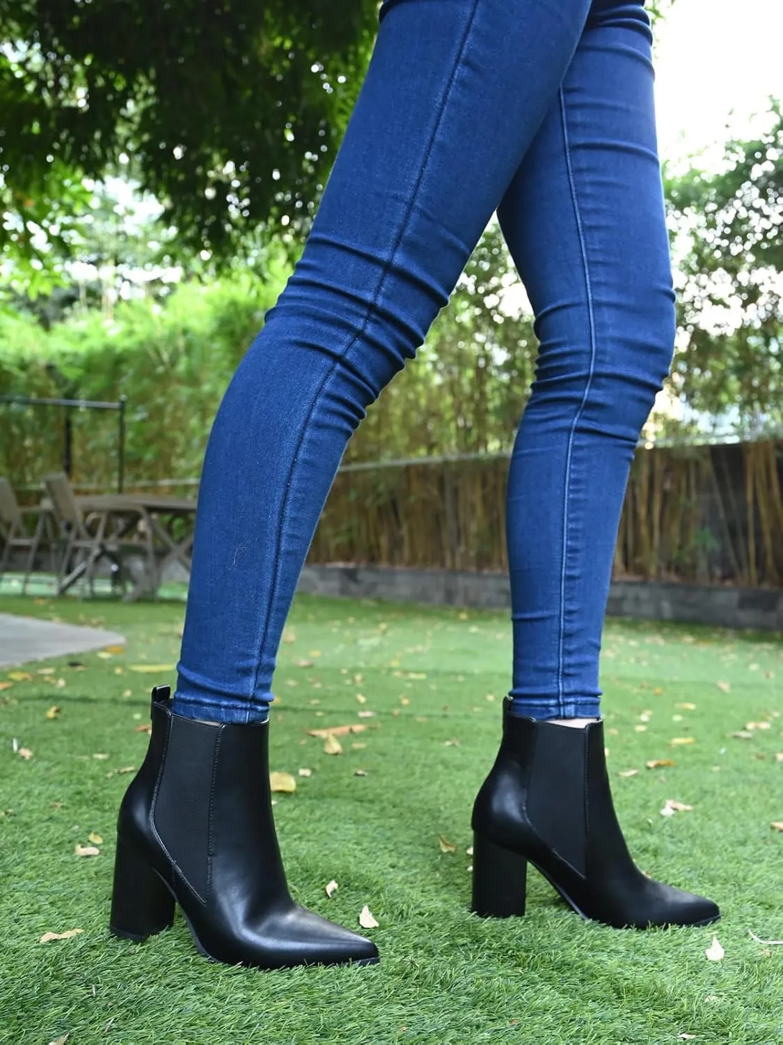 Chelsea Ankle Boots for Women Chunky Block Heel Booties Pointed Toe Stack Heel Brown Black Boots Dress Shoes Elastic Gore Slip On Comfortable Chelsea Boots