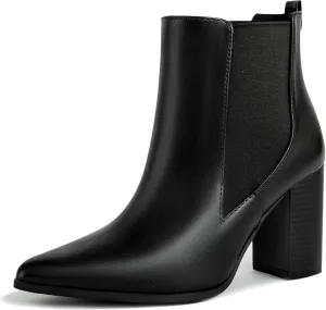 Chelsea Ankle Boots for Women Chunky Block Heel Booties Pointed Toe Stack Heel Brown Black Boots Dress Shoes Elastic Gore Slip On Comfortable Chelsea Boots