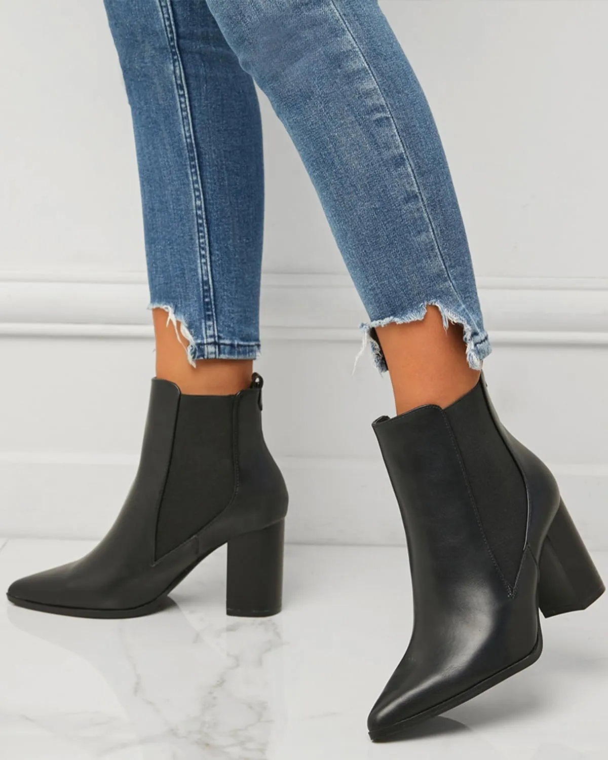 Chelsea Ankle Boots for Women Chunky Block Heel Booties Pointed Toe Stack Heel Brown Black Boots Dress Shoes Elastic Gore Slip On Comfortable Chelsea Boots