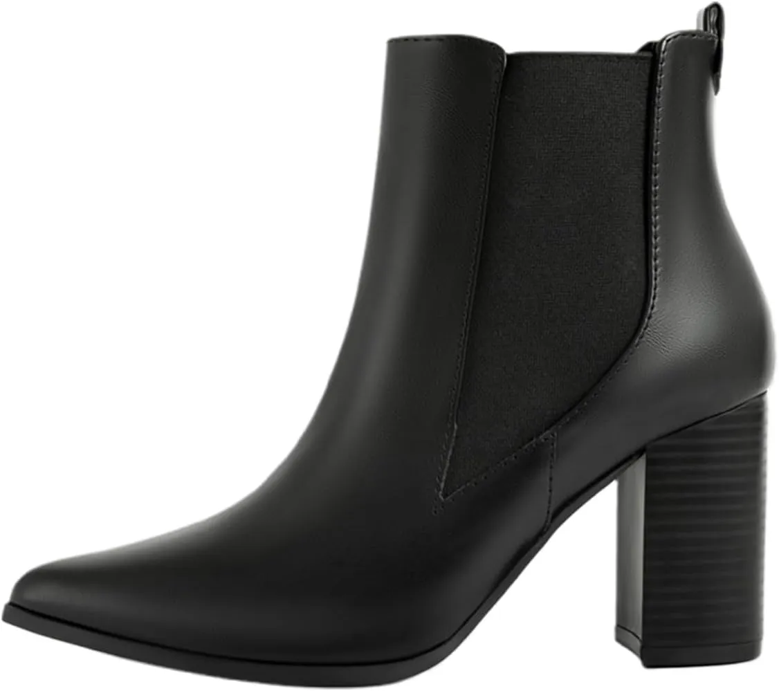 Chelsea Ankle Boots for Women Chunky Block Heel Booties Pointed Toe Stack Heel Brown Black Boots Dress Shoes Elastic Gore Slip On Comfortable Chelsea Boots