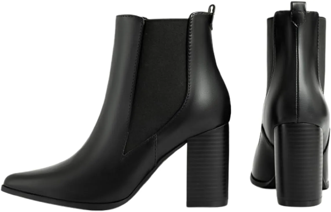 Chelsea Ankle Boots for Women Chunky Block Heel Booties Pointed Toe Stack Heel Brown Black Boots Dress Shoes Elastic Gore Slip On Comfortable Chelsea Boots