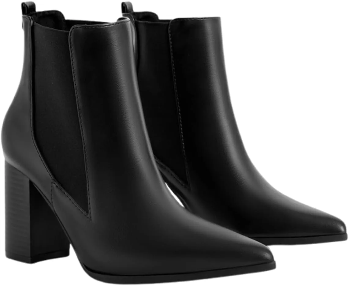 Chelsea Ankle Boots for Women Chunky Block Heel Booties Pointed Toe Stack Heel Brown Black Boots Dress Shoes Elastic Gore Slip On Comfortable Chelsea Boots