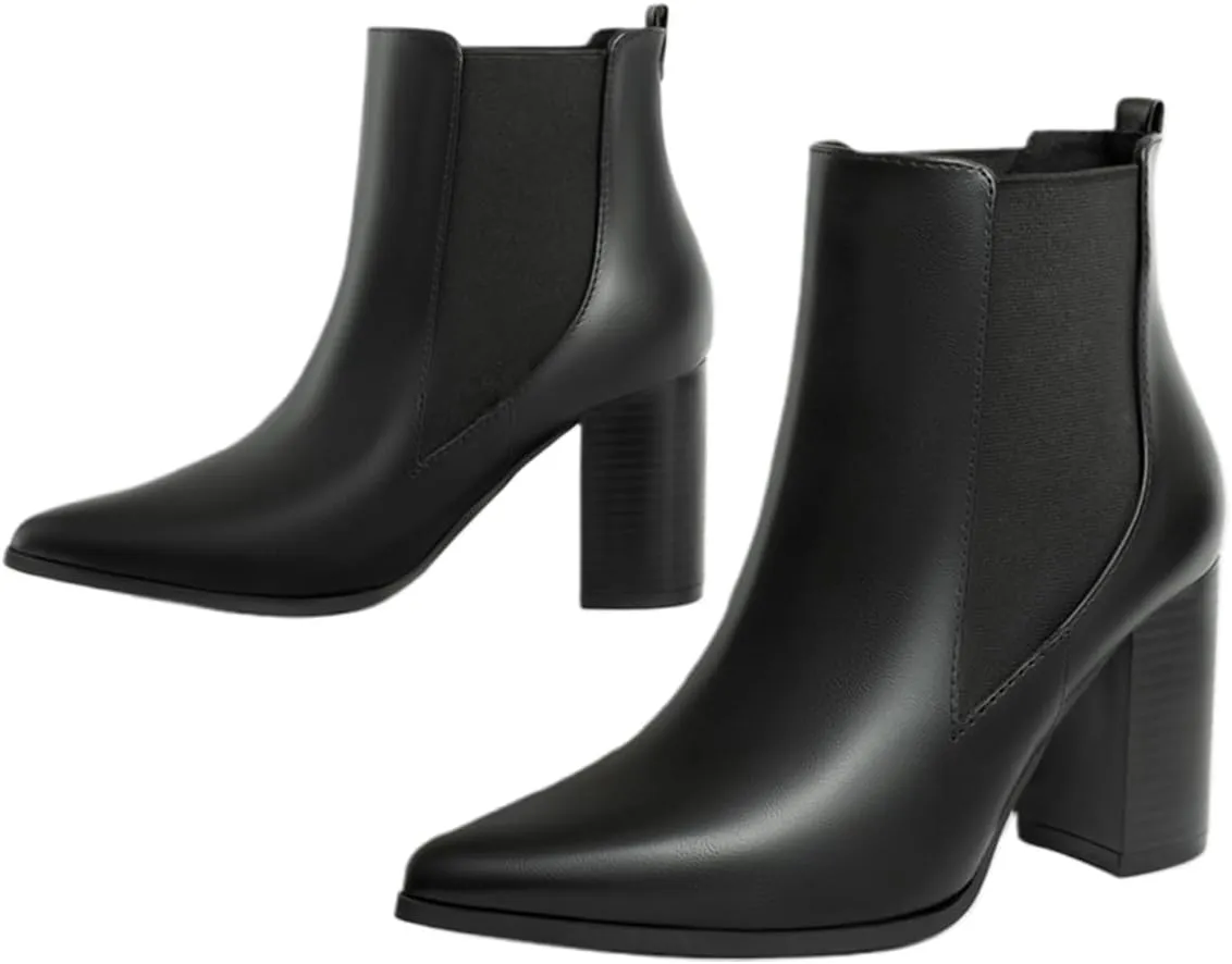 Chelsea Ankle Boots for Women Chunky Block Heel Booties Pointed Toe Stack Heel Brown Black Boots Dress Shoes Elastic Gore Slip On Comfortable Chelsea Boots