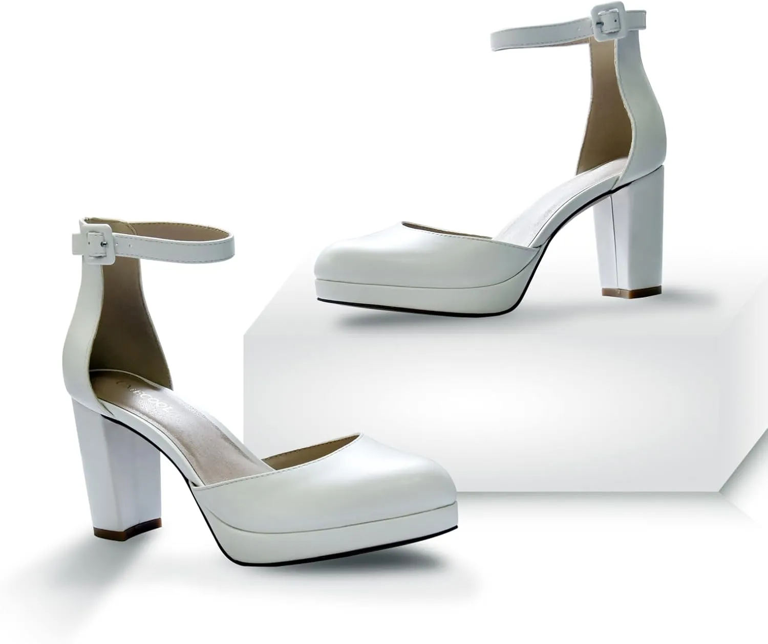 Chunky Closed Toe Heels for Women, Women's Platform Chunky Heels Closed Toe Block Ankle Strap Dress Buckle Round Toe Wedding Party Comfortable Pumps Shoes