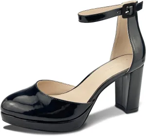 Chunky Closed Toe Heels for Women, Women's Platform Chunky Heels Closed Toe Block Ankle Strap Dress Buckle Round Toe Wedding Party Comfortable Pumps Shoes