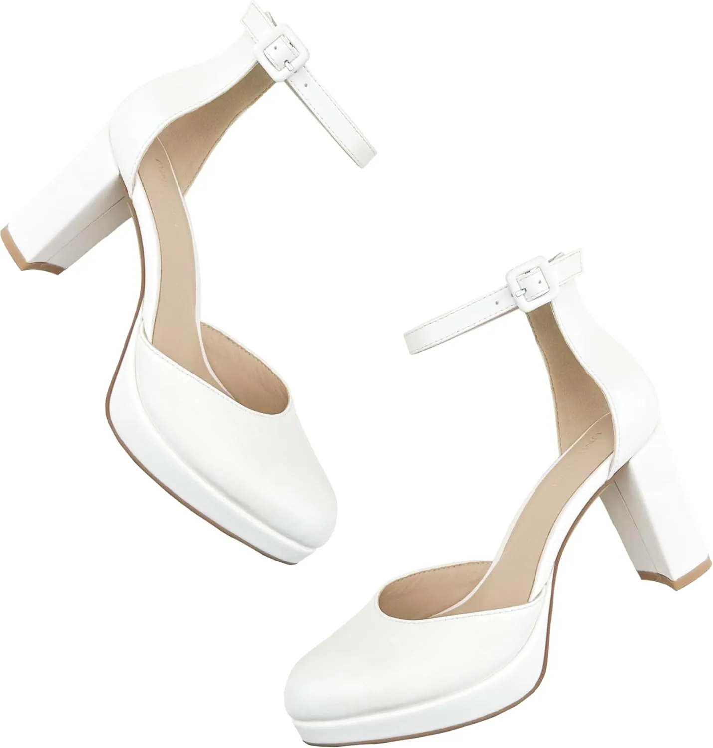 Chunky Closed Toe Heels for Women, Women's Platform Chunky Heels Closed Toe Block Ankle Strap Dress Buckle Round Toe Wedding Party Comfortable Pumps Shoes