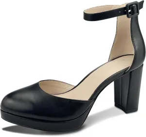 Chunky Closed Toe Heels for Women, Women's Platform Chunky Heels Closed Toe Block Ankle Strap Dress Buckle Round Toe Wedding Party Comfortable Pumps Shoes