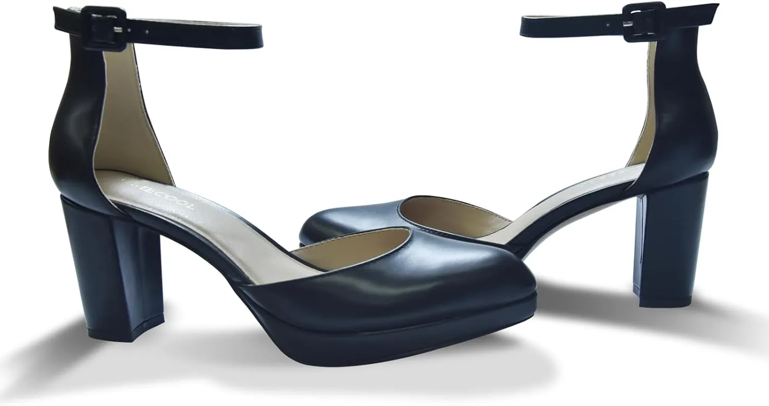 Chunky Closed Toe Heels for Women, Women's Platform Chunky Heels Closed Toe Block Ankle Strap Dress Buckle Round Toe Wedding Party Comfortable Pumps Shoes