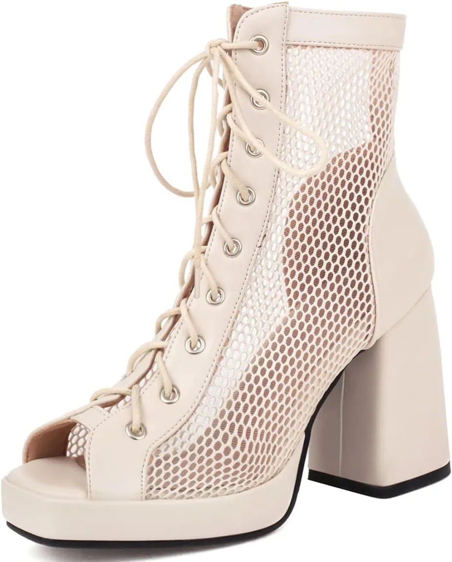 Chunky Heel Peep Toe Booties for Women Platform Heel Mesh Booties Summer Open Toe Booties