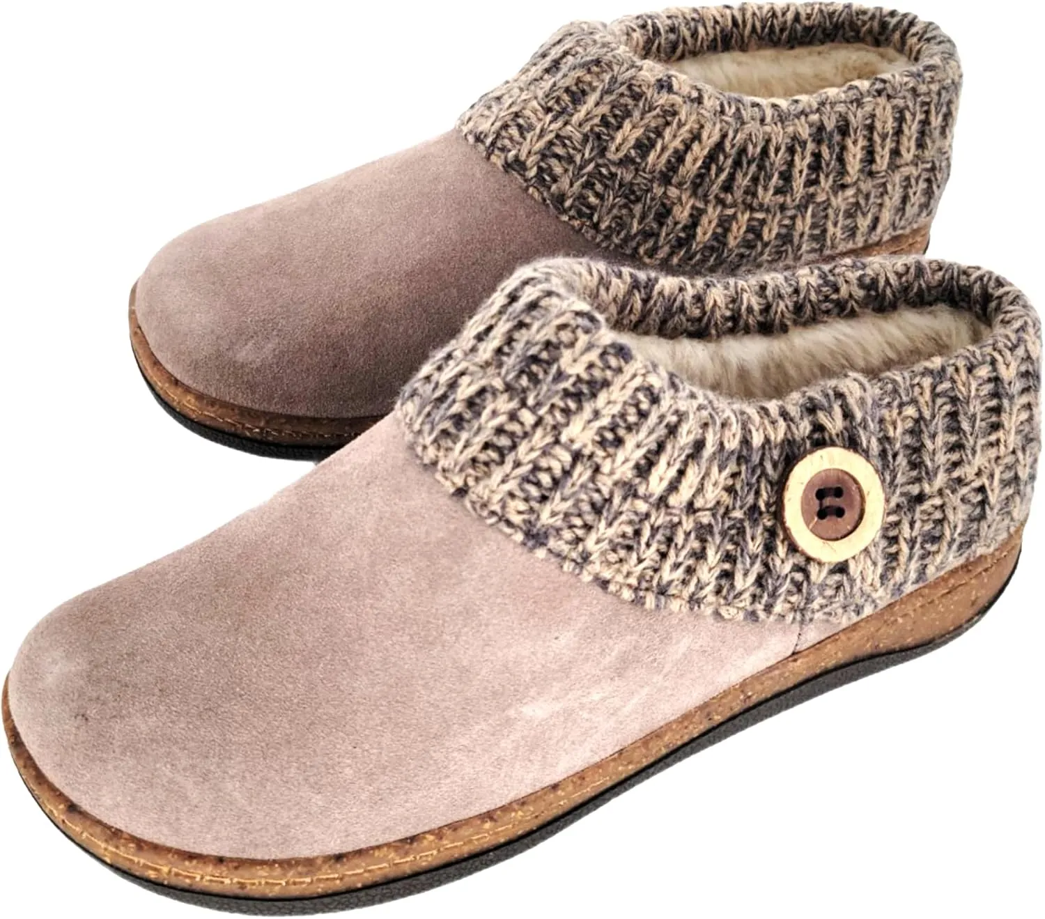 Clarks Womens Slipper Knitted Sweater Collar Clog - Suede Leather - Faux Fur Lining With Cork Midsole (Hummus 6)