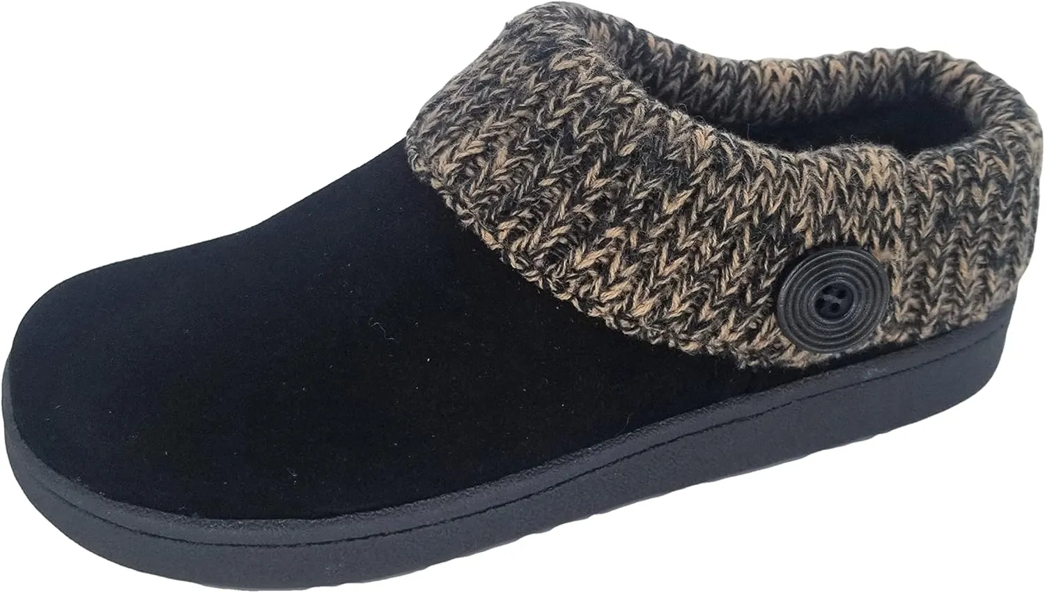 Clarks Womens Suede Leather Comfort Clog Knitted Collar Slipper - Plush Faux Fur Trim - Indoor Outdoor House Slippers For Women (Black/Beige 9M)