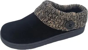 Clarks Womens Suede Leather Comfort Clog Knitted Collar Slipper - Plush Faux Fur Trim - Indoor Outdoor House Slippers For Women (Black/Beige 9M)