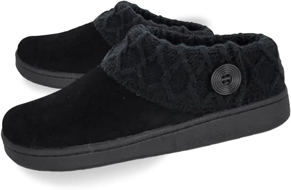 Clarks Womens Suede Leather Comfort Clog Knitted Collar Slipper - Plush Faux Fur Trim - Indoor Outdoor House Slippers For Women (Black/BlackX 8M)