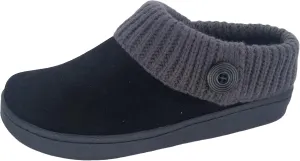 Clarks Womens Suede Leather Comfort Clog Knitted Collar Slipper - Plush Faux Fur Trim - Indoor Outdoor House Slippers For Women (Black/Grey 7M)