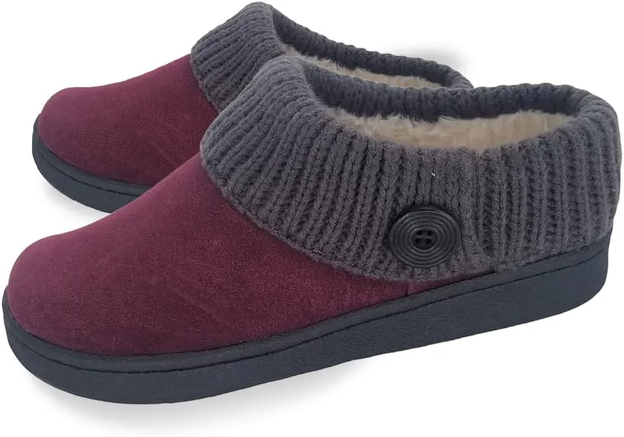 Clarks Womens Suede Leather Comfort Clog Knitted Collar Slipper - Plush Faux Fur Trim - Indoor Outdoor House Slippers For Women (Burgundy/Grey 7M)