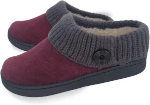Clarks Womens Suede Leather Comfort Clog Knitted Collar Slipper - Plush Faux Fur Trim - Indoor Outdoor House Slippers For Women (Burgundy/Grey 7M)