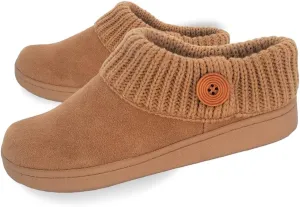 Clarks Womens Suede Leather Comfort Clog Knitted Collar Slipper - Plush Faux Fur Trim - Indoor Outdoor House Slippers For Women (Cinnamon/Beige 6M)