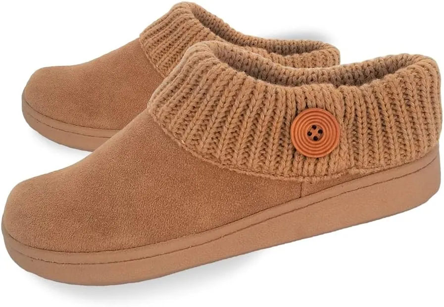 Clarks Womens Suede Leather Comfort Clog Knitted Collar Slipper - Plush Faux Fur Trim - Indoor Outdoor House Slippers For Women (Cinnamon/Beige 6M)