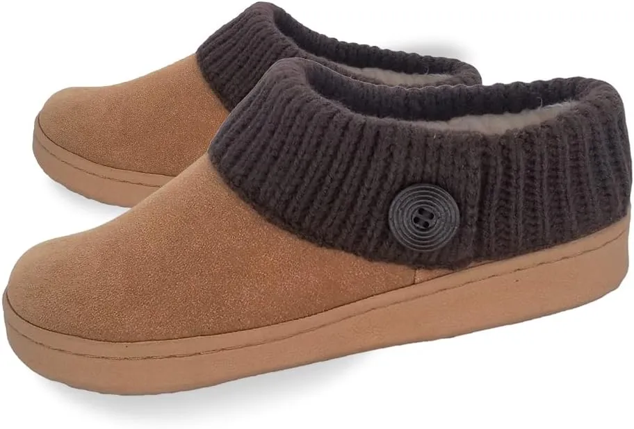 Clarks Womens Suede Leather Comfort Clog Knitted Collar Slipper - Plush Faux Fur Trim - Indoor Outdoor House Slippers For Women (Cinnamon/Brown 10M)
