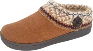 Clarks Womens Suede Leather Comfort Clog Knitted Collar Slipper - Plush Faux Fur Trim - Indoor Outdoor House Slippers For Women (Fairisle Brown 7M)