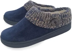Clarks Womens Suede Leather Comfort Clog Knitted Collar Slipper - Plush Faux Fur Trim - Indoor Outdoor House Slippers For Women (Navy/Beige 8M)
