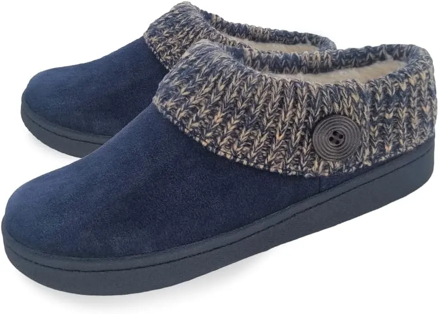 Clarks Womens Suede Leather Comfort Clog Knitted Collar Slipper - Plush Faux Fur Trim - Indoor Outdoor House Slippers For Women (Navy/Beige 8M)