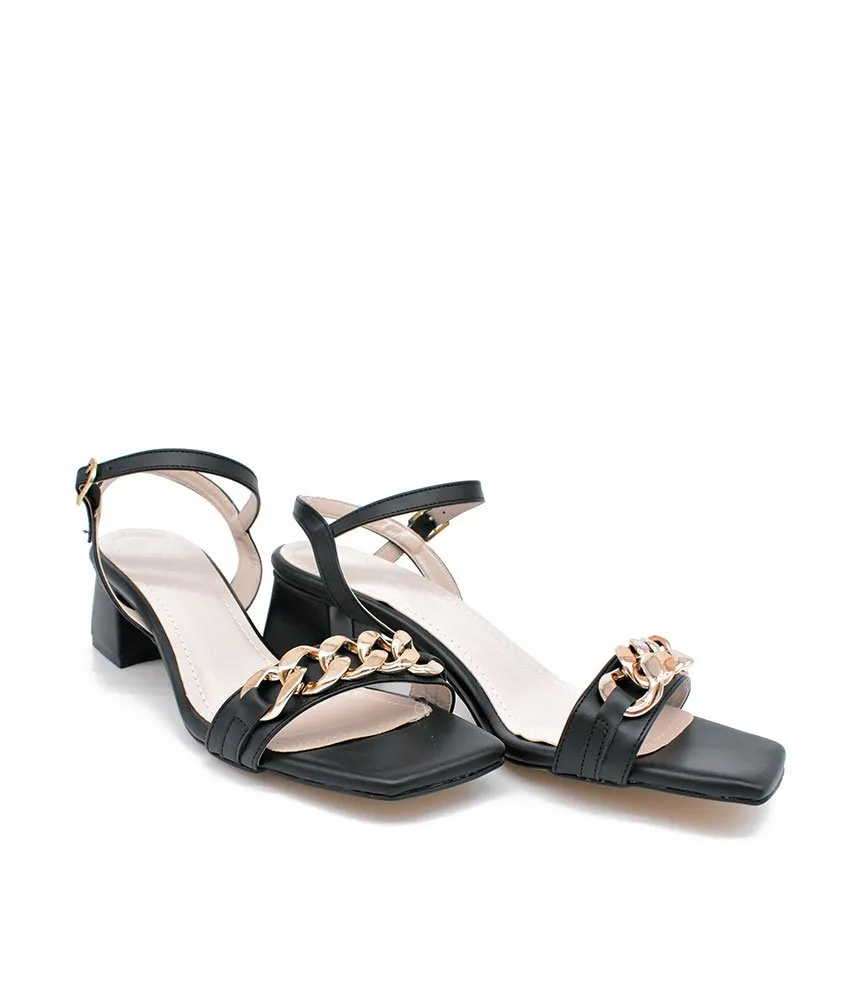 Classy Black Block Heel Chain Sandals