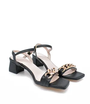 Classy Black Block Heel Chain Sandals