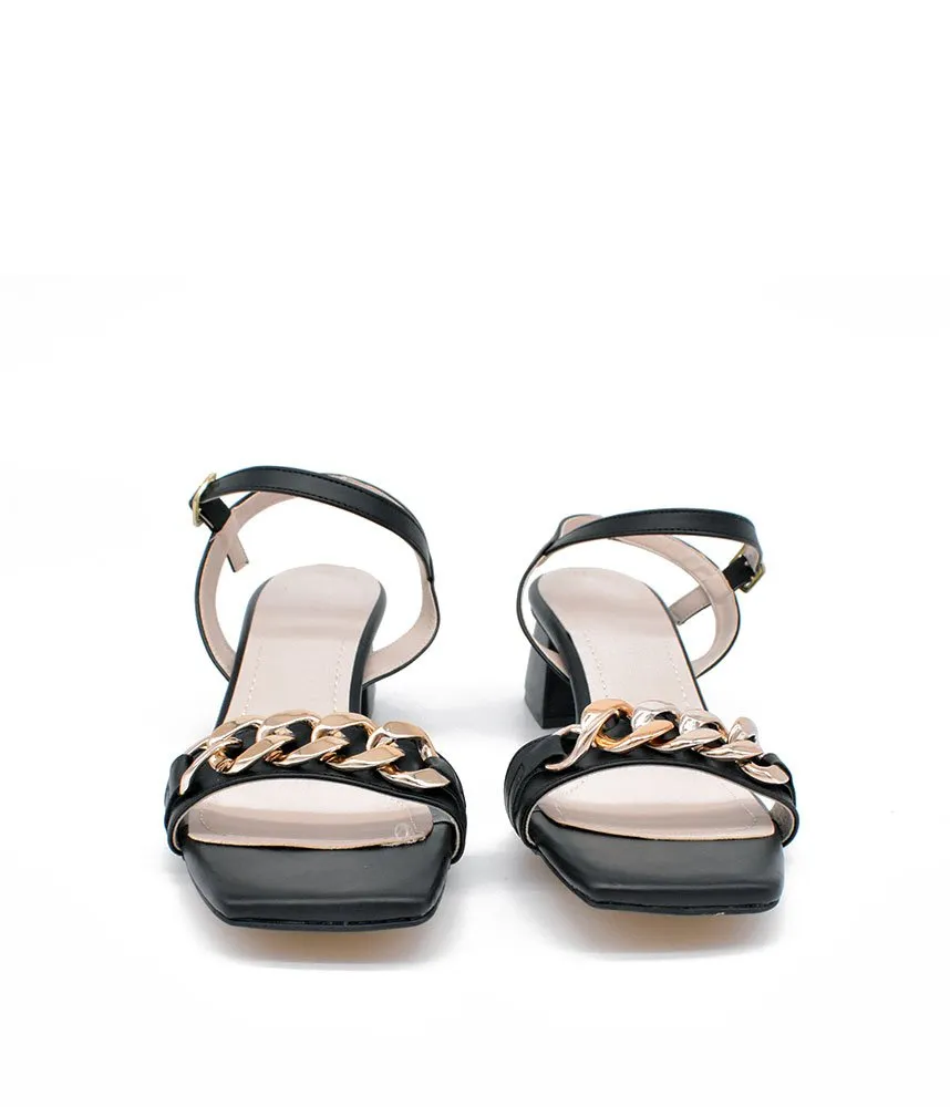 Classy Black Block Heel Chain Sandals