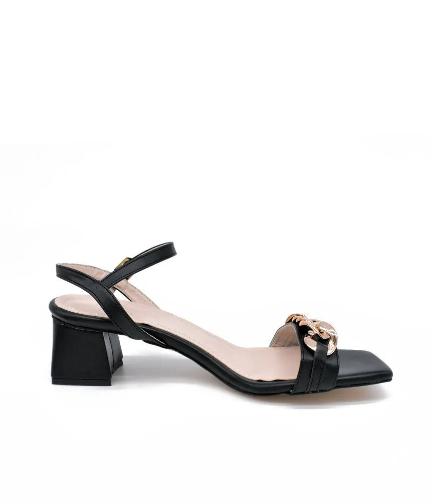 Classy Black Block Heel Chain Sandals