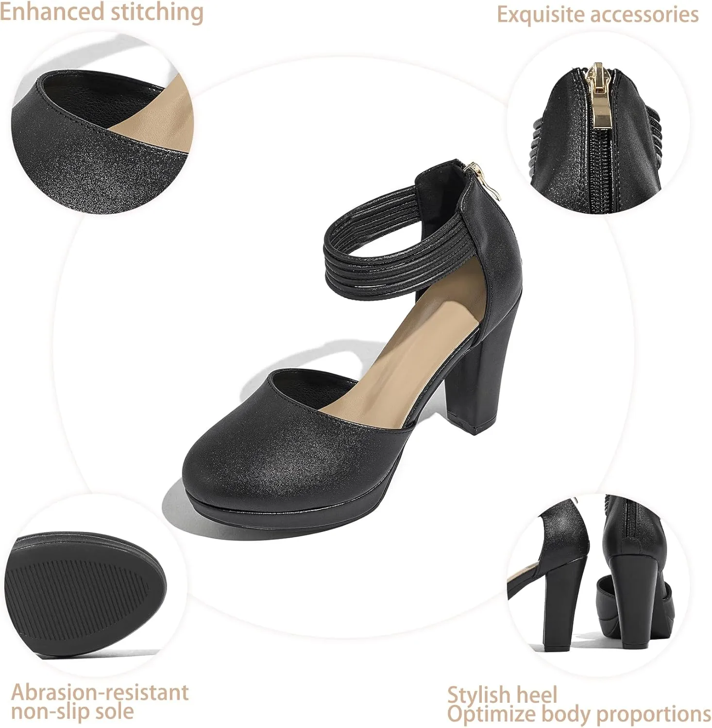 Closed Toe Heels Platform Heels Ankle Strap Dress Shoes for Women