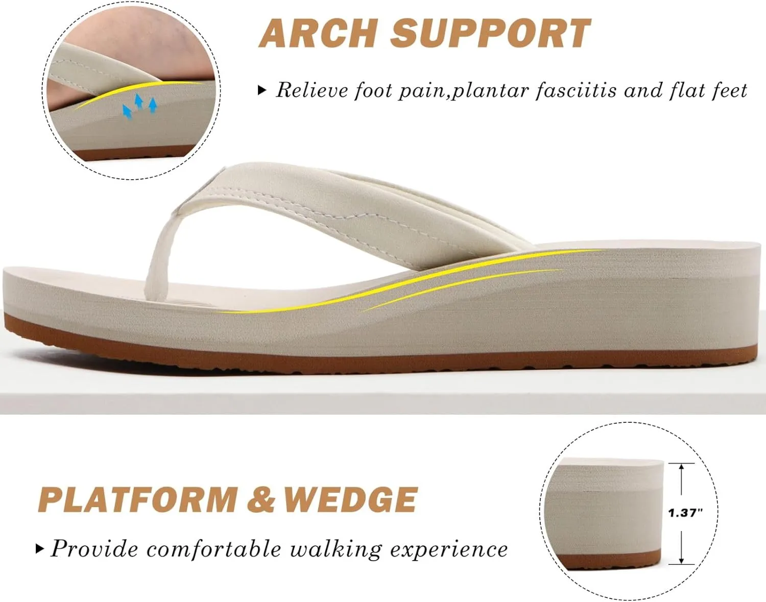 COFACE Flip Flops for Women With Comfortable Arch Support Ladies Fashion Platform Thong Sandals Soft Yoga Mat Sole For Beach/Indoor Outdoor