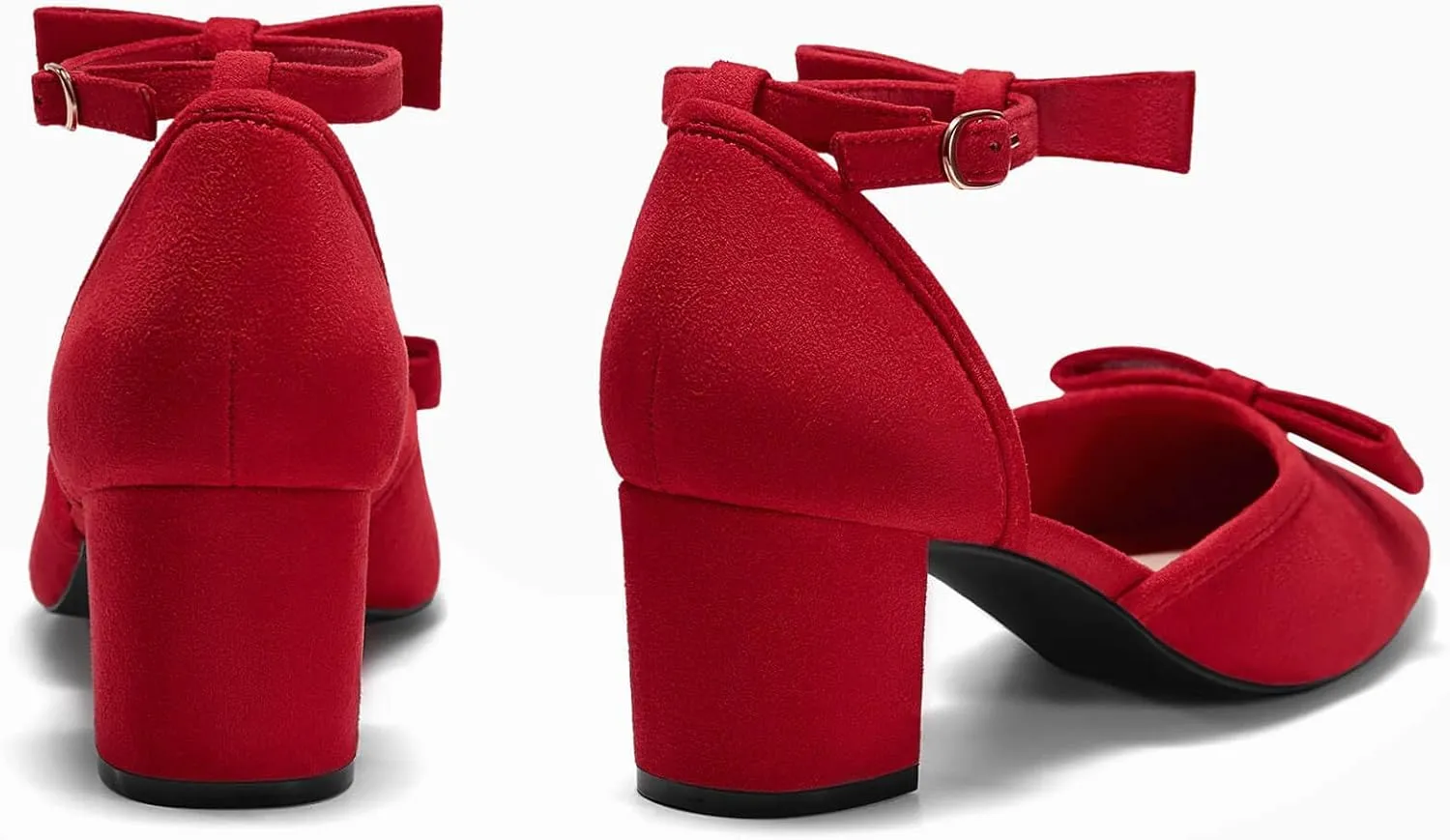 Coutgo Womens Chunky Low Heels Bow Closed Toe Ankle Strap Pumps Elegant Wedding Party Dress Shoes