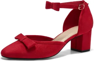 Coutgo Womens Chunky Low Heels Bow Closed Toe Ankle Strap Pumps Elegant Wedding Party Dress Shoes