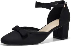 Coutgo Womens Chunky Low Heels Bow Closed Toe Ankle Strap Pumps Elegant Wedding Party Dress Shoes