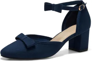 Coutgo Womens Chunky Low Heels Bow Closed Toe Ankle Strap Pumps Elegant Wedding Party Dress Shoes