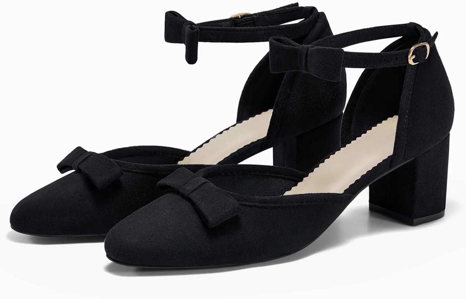 Coutgo Womens Chunky Low Heels Bow Closed Toe Ankle Strap Pumps Elegant Wedding Party Dress Shoes