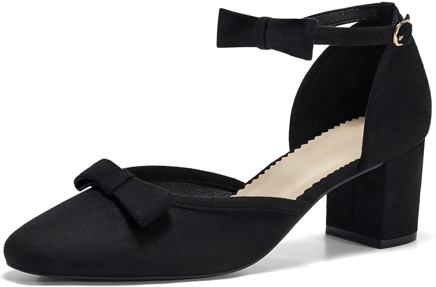Coutgo Womens Chunky Low Heels Bow Closed Toe Ankle Strap Pumps Elegant Wedding Party Dress Shoes