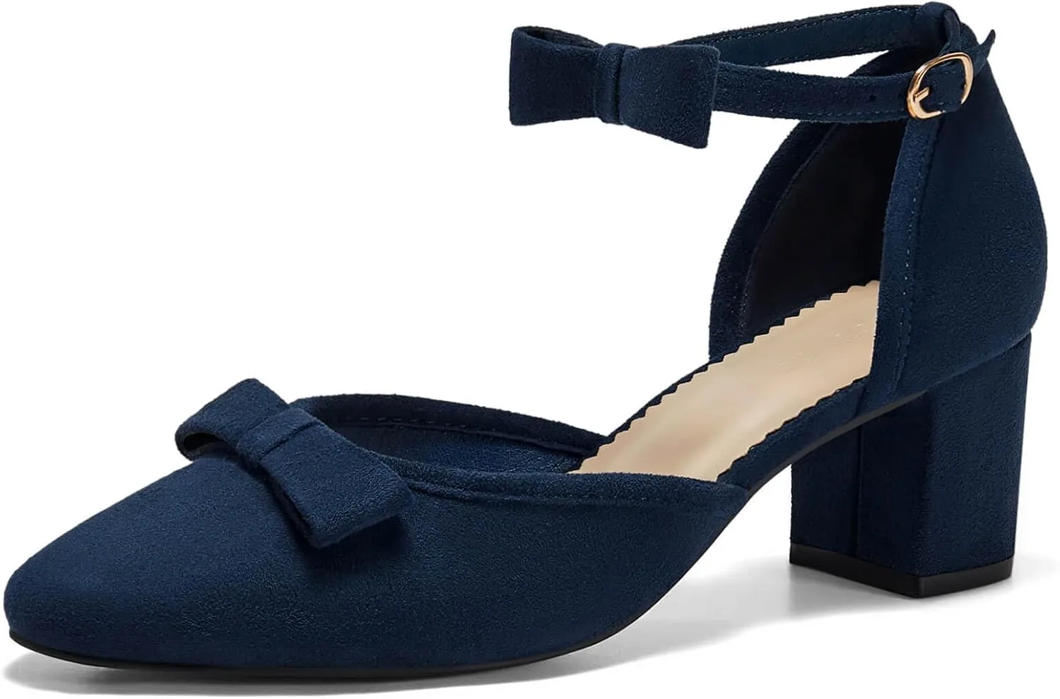 Coutgo Womens Chunky Low Heels Bow Closed Toe Ankle Strap Pumps Elegant Wedding Party Dress Shoes