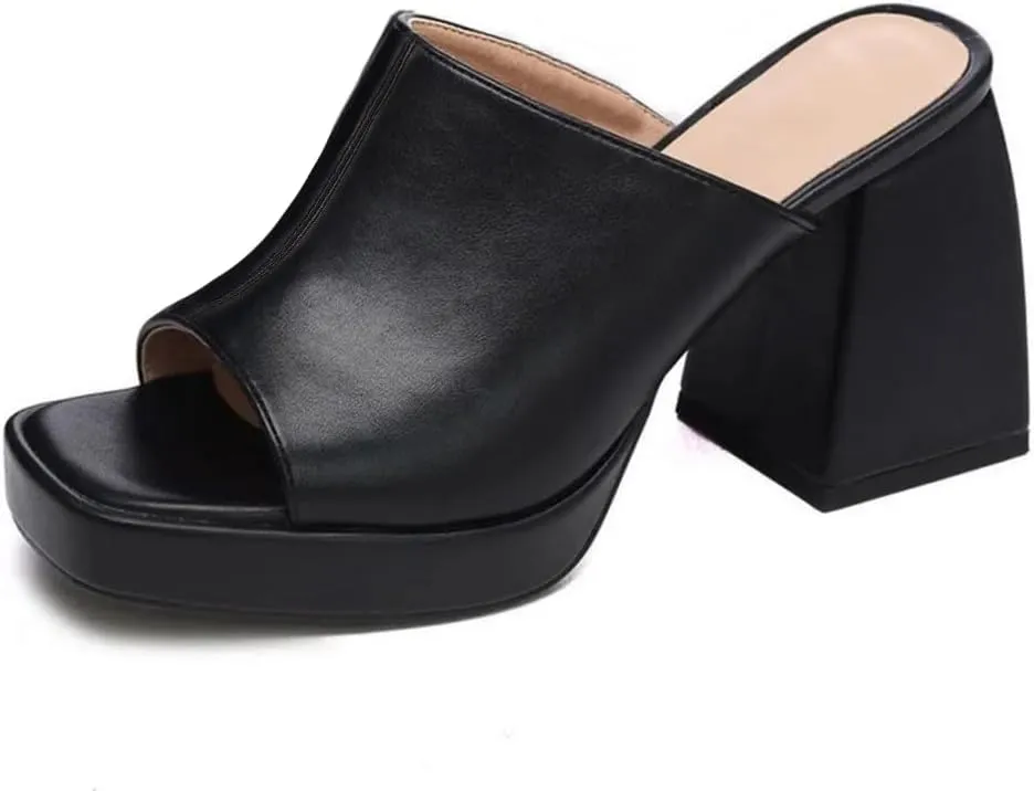 Coutgo Womens Chunky Platform Mules Sandals Slip On Block Heels Square Toe High Heeled Dress Shoes